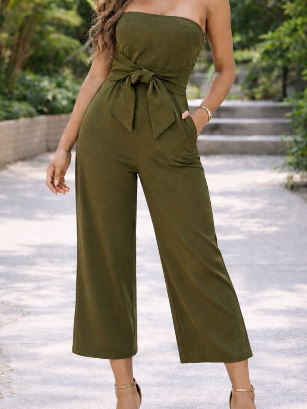 Selfie Leslie Olive Strapless Wide-Leg Tie-Waist Jumpsuit